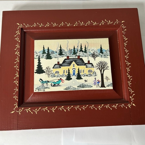Virginia Young Folk Art Winter Scene Framed Painting on Wood - Picture 3 of 9